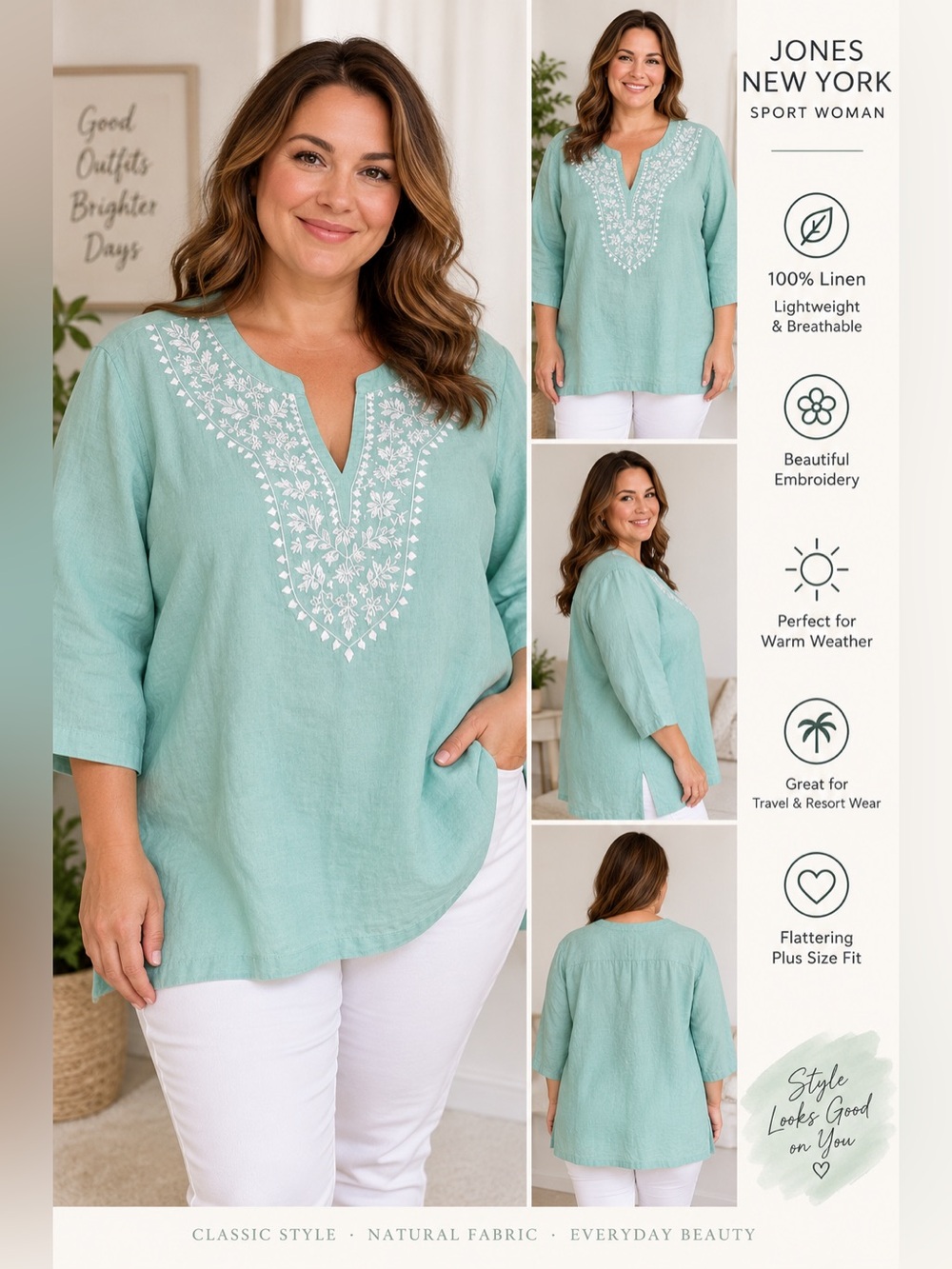 Jones New York Sport Woman 100% Linen Embroidered Tunic Top 3X